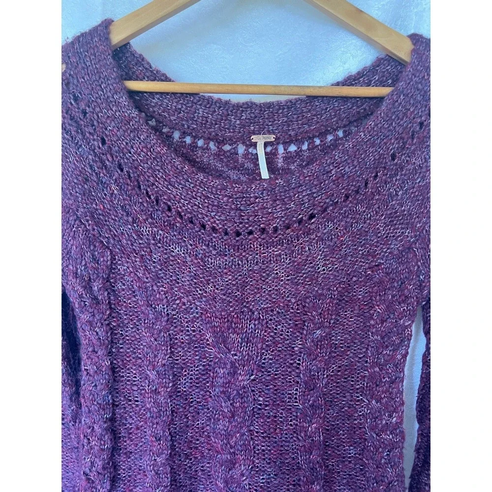 Free People Purple Cable Knit Wool Blend Boho Fairy Bell Sleeve Tunic Sweater XS
